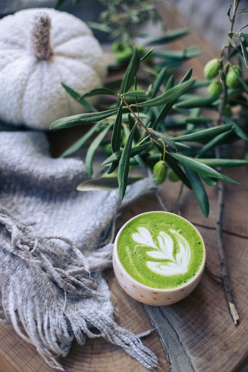 A warm matcha latte paired with fall decorations and olive branches for a cozy ambiance.